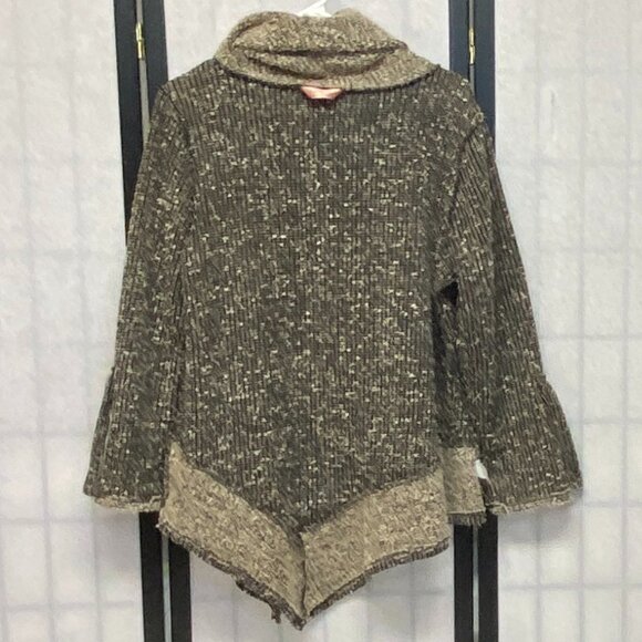 SJS Boucle Knit Cowl Neck Asymmetrical Sweater L Black Tan Roll Sleeve Cozy Chic - Picture 6 of 12